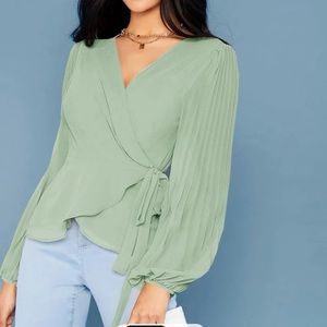 Chiffon lantern wrap pleated v neck blouse mint green